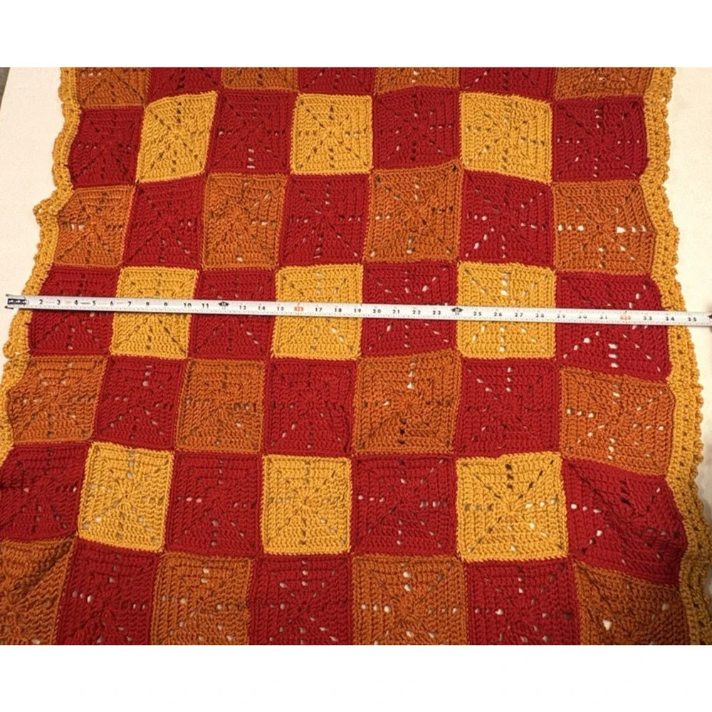 Handmade Crochet Granny Square Patchwork Baby Blanket Retro Red Brown 35